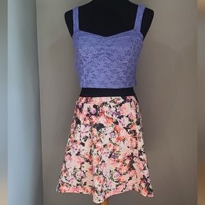 Floral Babydoll Fit and Flare Skirt With Lilac Purple Lace Crop Top